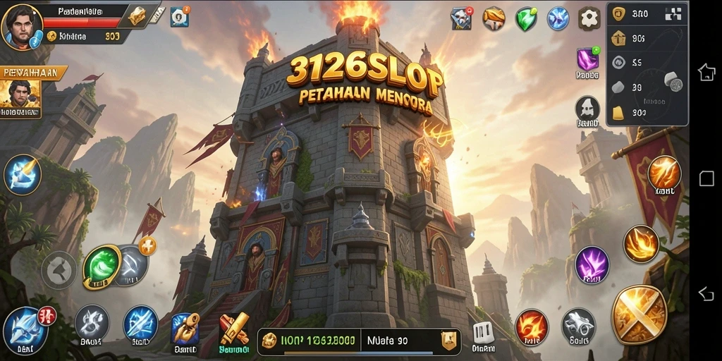 Tampilan menarik dari gameplay <strong>3126SLOT</strong> dengan menara dan musuh yang beragam.