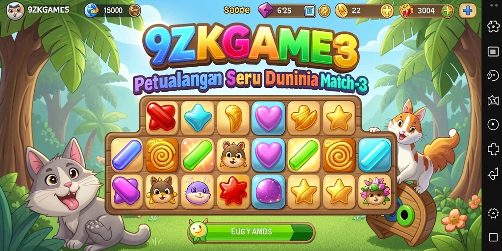 Screenshot gameplay 9ZKGAMES yang menampilkan puzzle Match-3 yang mendebarkan.