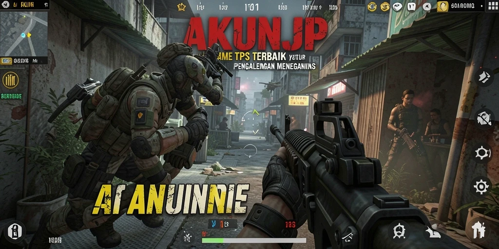 Tangkapan layar utama AKUNJP menampilkan aksi tembak-menembak yang seru dan mendebarkan.