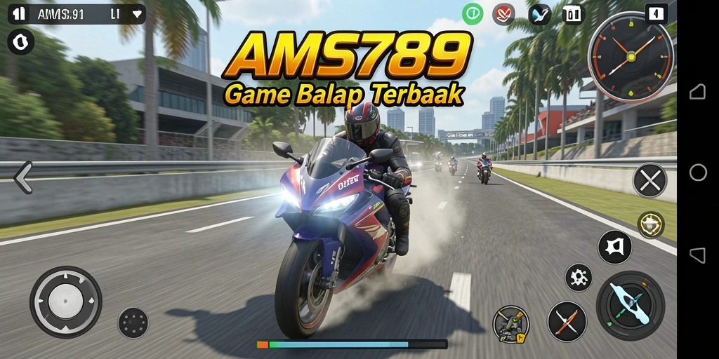 Tangkapan layar utama <strong>AMS789</strong> menunjukkan aksi balap motor yang seru.