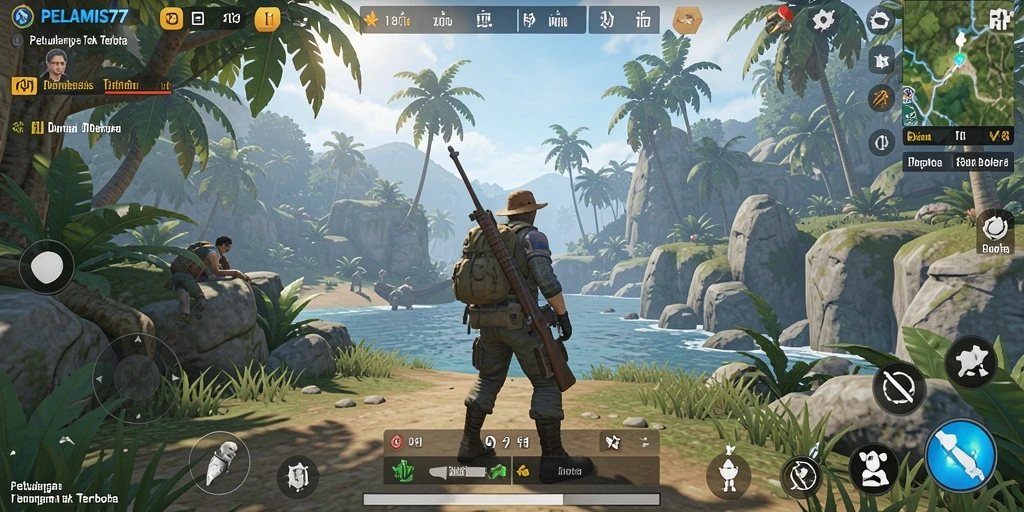Screenshot gameplay PELAMIS77 menampilkan eksplorasi dunia terbuka yang memukau.
